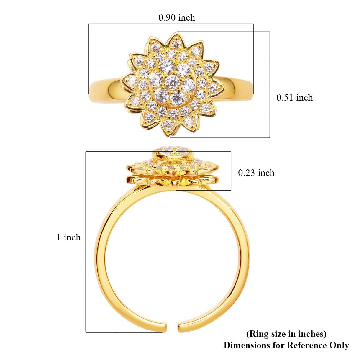 Simulated Diamond Sunflower Design Spinner Ring in 14K Yellow Gold Over Sterling Silver (Adjustable Size 9-11) 0.65 ctw image number 5
