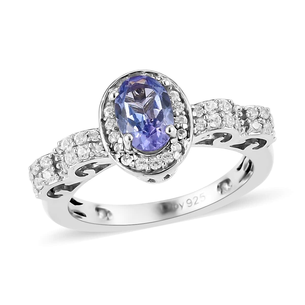 Tanzanite and Natural White Zircon Ring in Platinum Over Sterling Silver (Size 10.0) 1.10 ctw image number 0