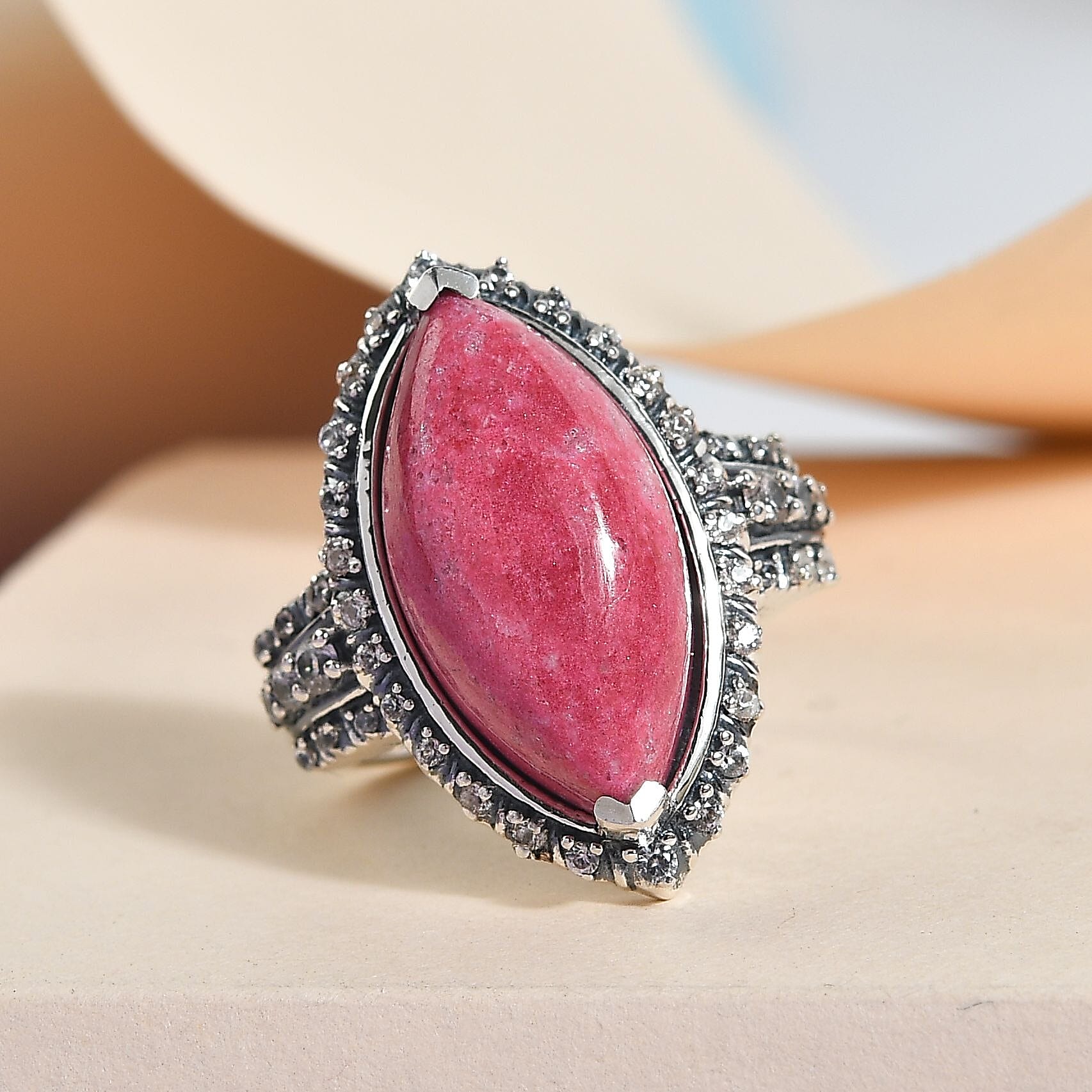 Norwegian Thulite and Natural White Zircon Ring in Black Oxidized Sterling Silver (Size 10.0) 10.50 ctw