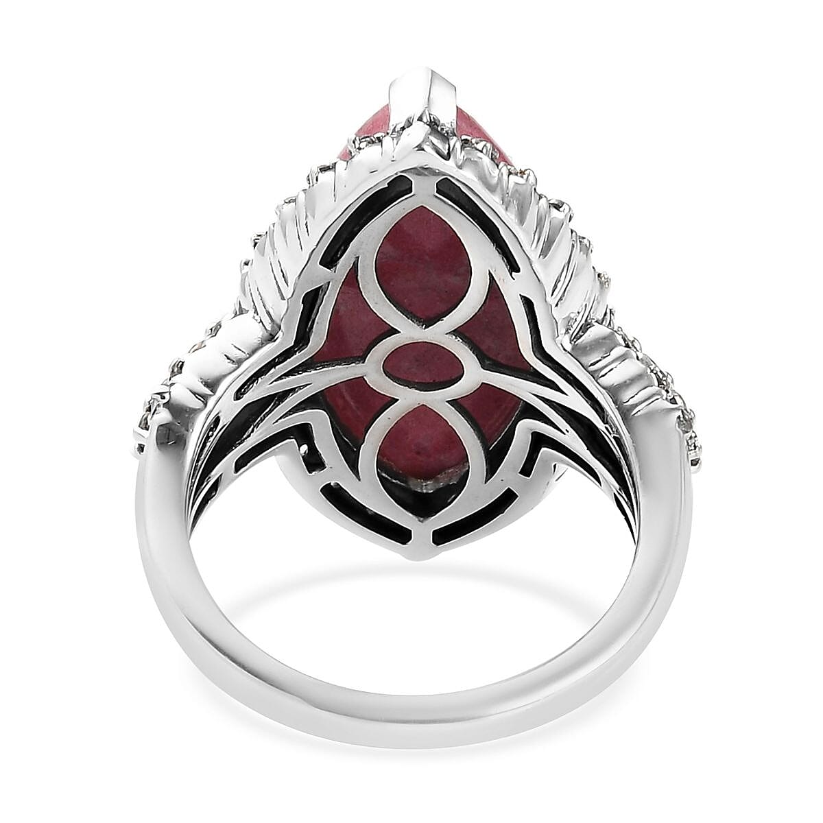 Norwegian Thulite and Natural White Zircon Ring in Black Oxidized Sterling Silver (Size 10.0) 10.50 ctw