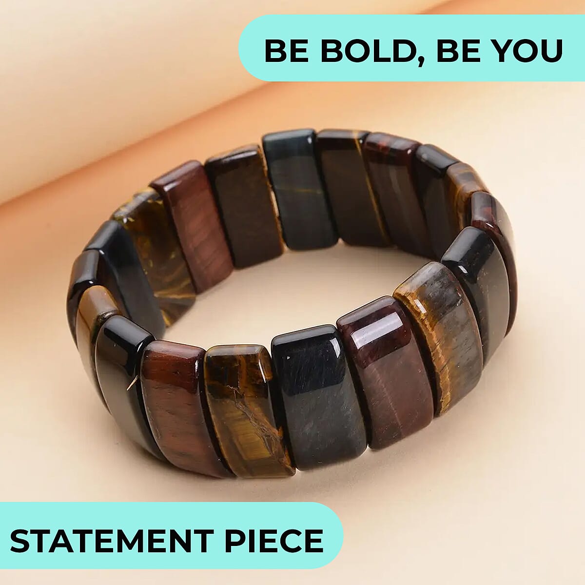 Yellow Multi Color Tiger's Eye Boho Block Bracelet, Stretch Bracelet For Women, Jewelry Gifts For Women 450.00 ctw image number 1