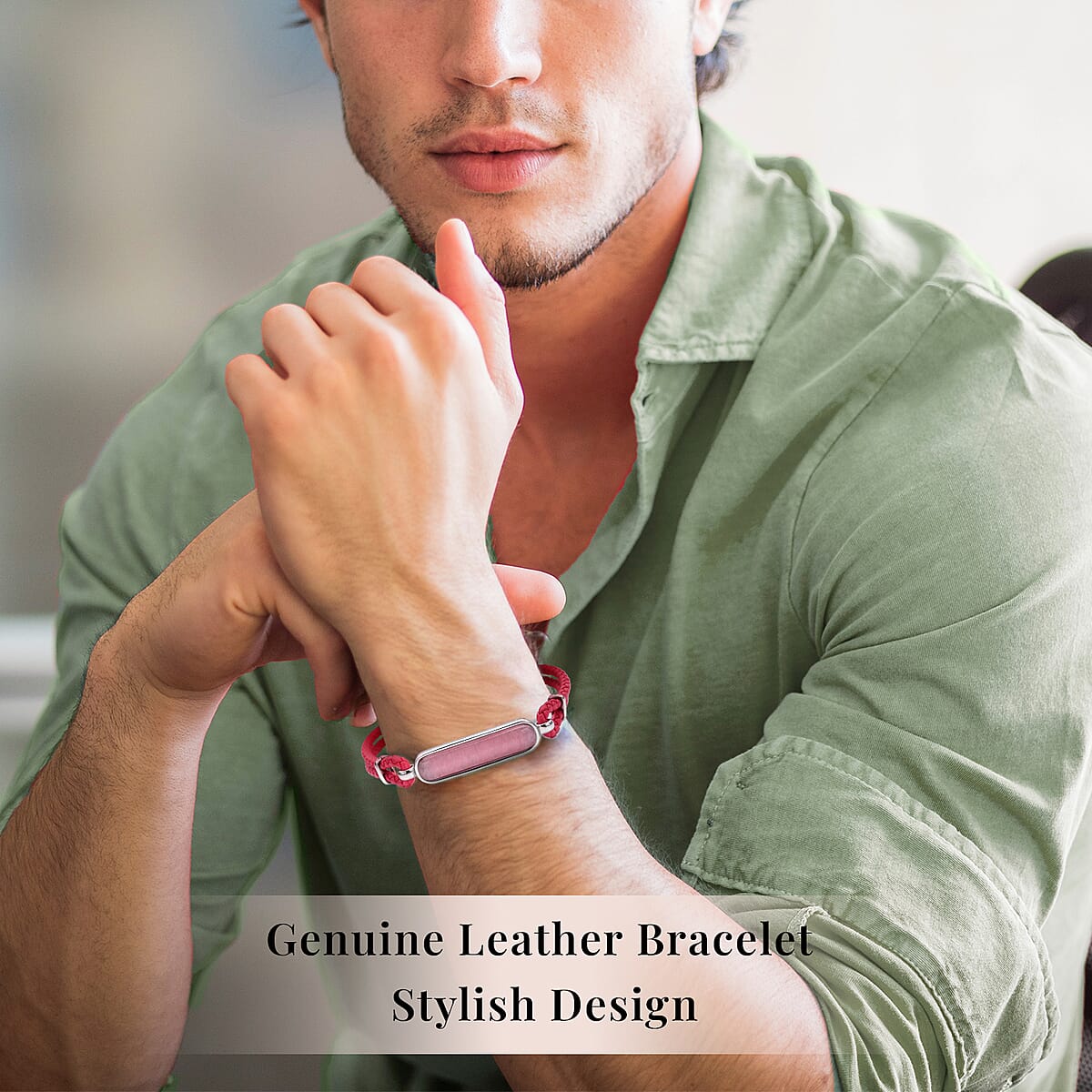 Galilea Rose Quartz Genuine Leather Men's Bracelet with Magnetic Lock in Black Oxidized Stainless Steel (8.00 In) 17.00 ctw , Tarnish-Free, Waterproof, Sweat Proof Jewelry image number 1