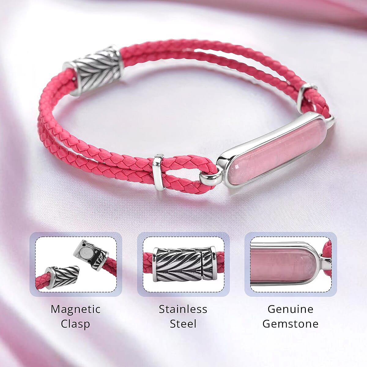 Galilea Rose Quartz Genuine Leather Men's Bracelet with Magnetic Lock in Black Oxidized Stainless Steel (8.00 In) 17.00 ctw , Tarnish-Free, Waterproof, Sweat Proof Jewelry image number 2