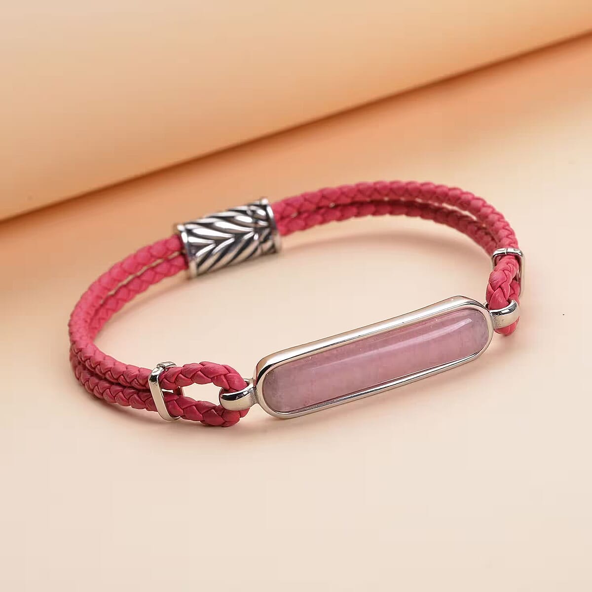 Galilea Rose Quartz Genuine Leather Men's Bracelet with Magnetic Lock in Black Oxidized Stainless Steel (8.00 In) 17.00 ctw , Tarnish-Free, Waterproof, Sweat Proof Jewelry image number 4