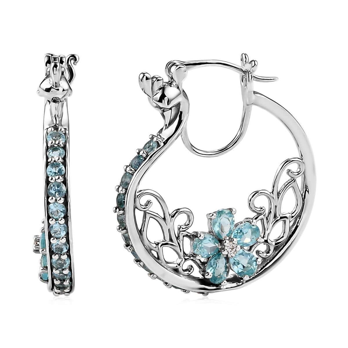Madagascar Paraiba Apatite and Natural White Zircon Hoop Earrings in Platinum Over Sterling Silver 2.90 ctw image number 0