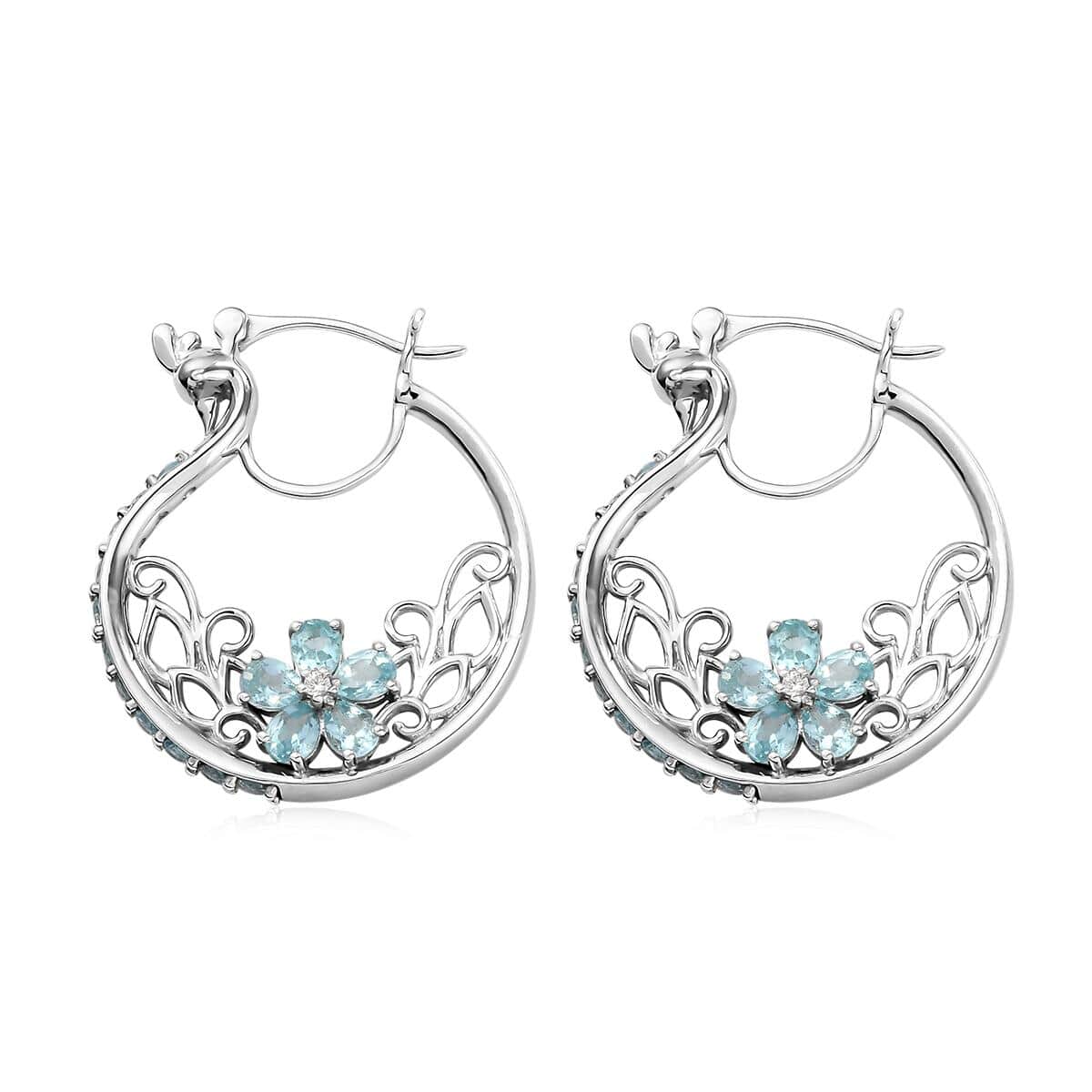 Madagascar Paraiba Apatite and Natural White Zircon Hoop Earrings in Platinum Over Sterling Silver 2.90 ctw image number 3