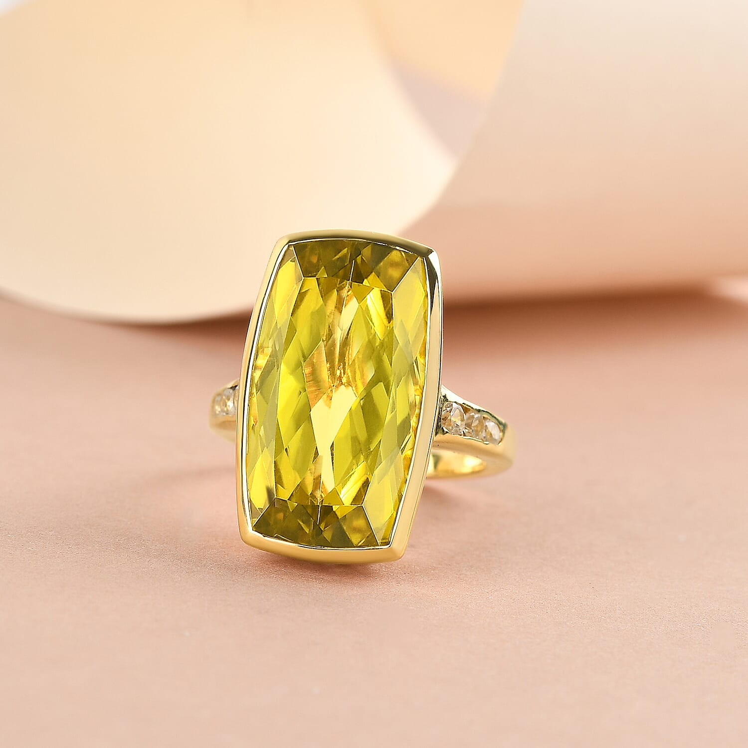 Green Gold Quartz and White Zircon 16.38 ctw Ring in 14K YG Over Sterling Silver (Size 6.5)