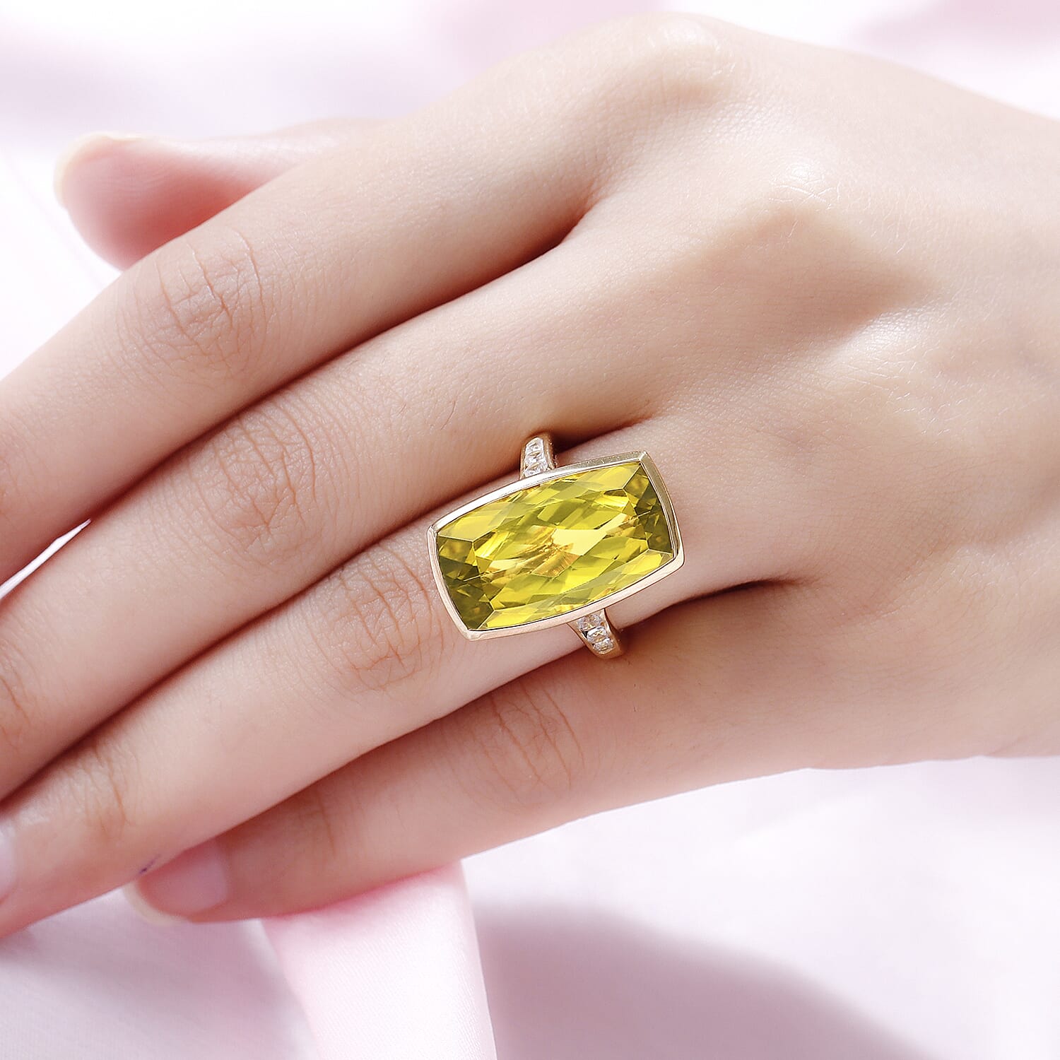 Green Gold Quartz and White Zircon 16.38 ctw Ring in 14K YG Over Sterling Silver (Size 6.5)