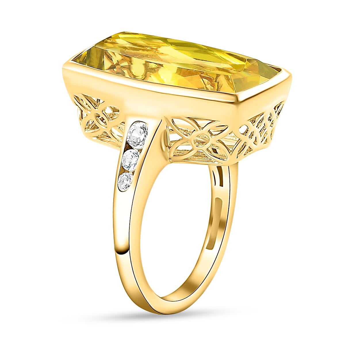 Green Gold Quartz and White Zircon 16.38 ctw Ring in 14K YG Over Sterling Silver (Size 6.5)
