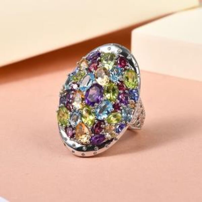 Multi Gemstone 10.15 ctw Ring in Platinum Over Sterling Silver (Size 6.5)