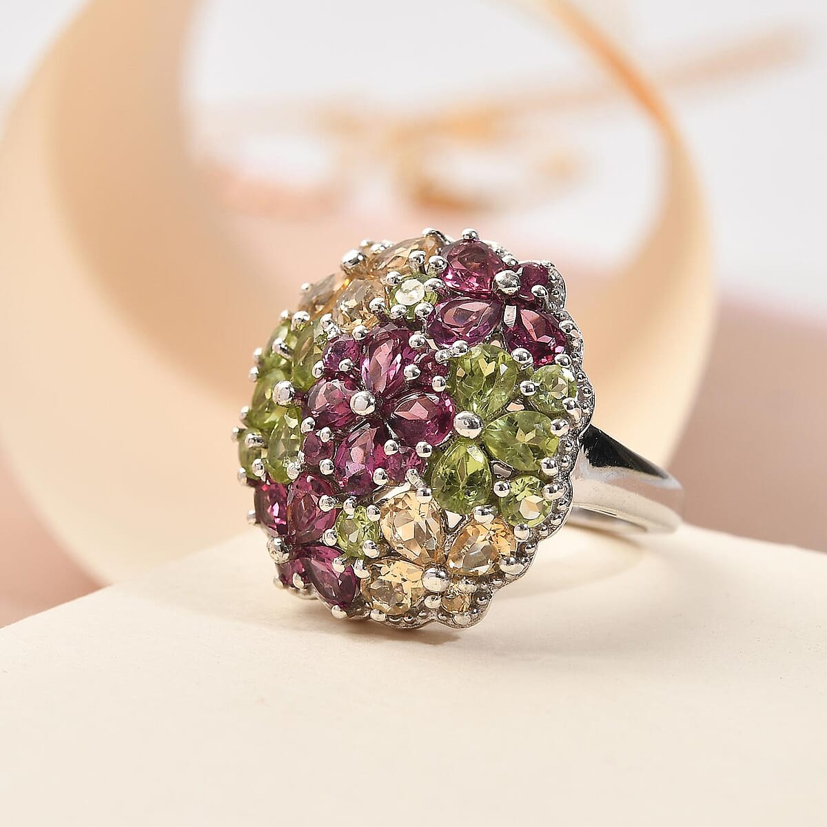 Orissa Rhodolite Garnet, Arizona Peridot, Brazilian Citrine Florals Ring in Platinum Over Sterling Silver (Size 10.0) 4.60 ctw image number 1