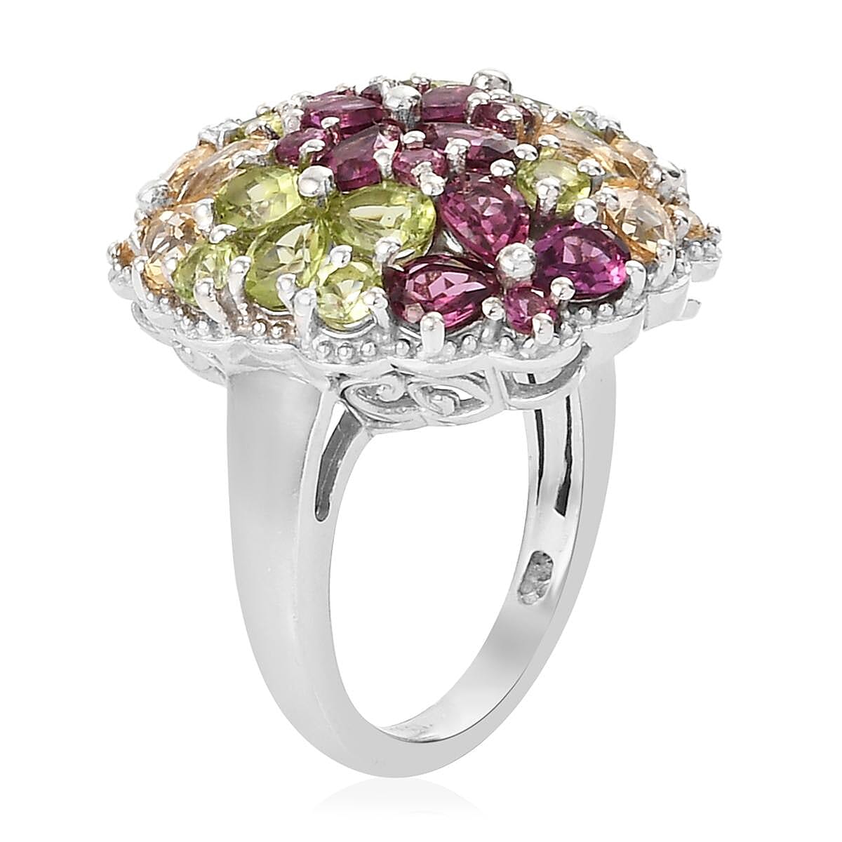 Orissa Rhodolite Garnet, Arizona Peridot, Brazilian Citrine Florals Ring in Platinum Over Sterling Silver (Size 10.0) 4.60 ctw image number 3