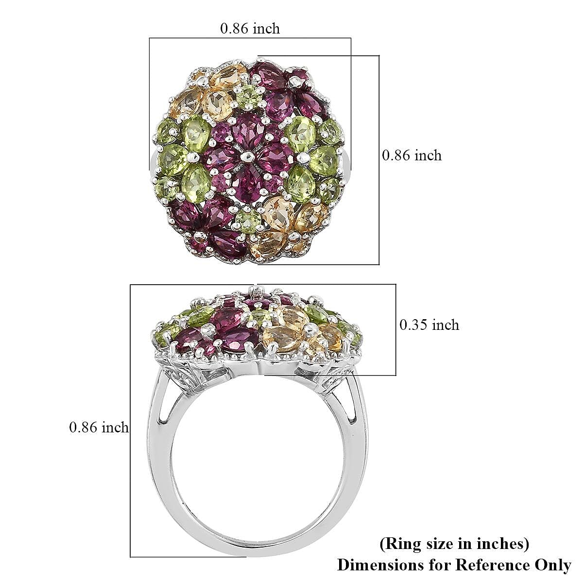 Orissa Rhodolite Garnet, Arizona Peridot, Brazilian Citrine Florals Ring in Platinum Over Sterling Silver (Size 10.0) 4.60 ctw image number 5