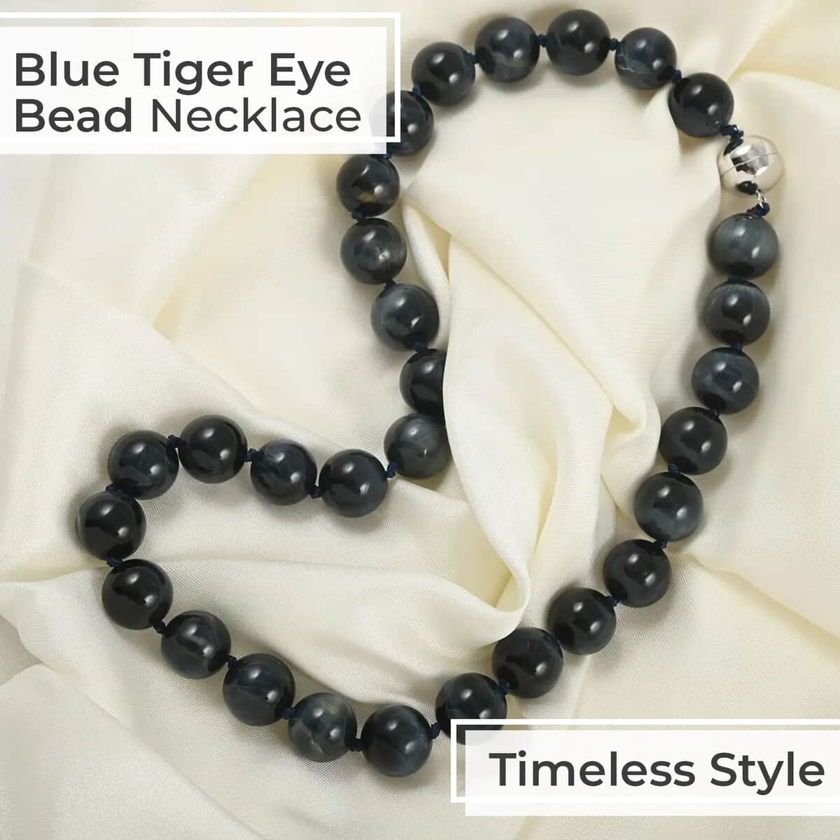 Blue Tiger Eye Bead Necklace in Rhodium Plated Sterling Silver, Single Strand Beaded Necklace With Magnetic Clasp 616.00 ctw image number 1