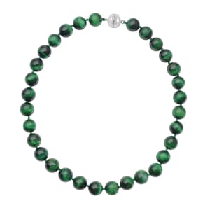 Green Tiger Eye 616.00 ctw Bead Necklace in Rhodium Plated Sterling Silver, Single Strand Beaded Necklace With Magnetic Clasp