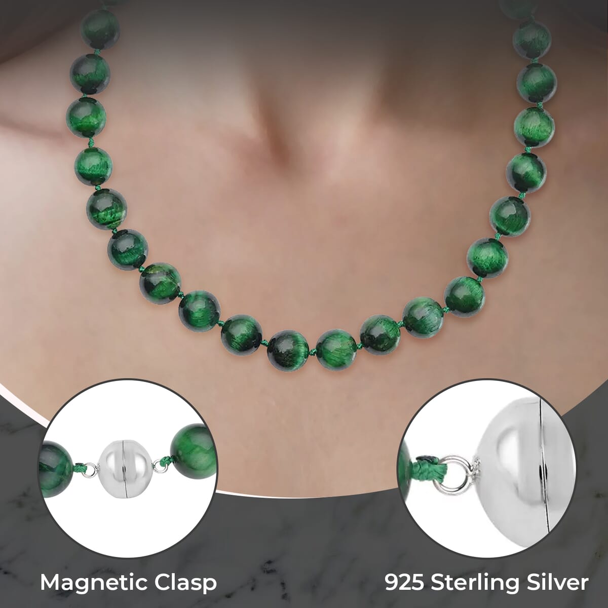 Green Tiger Eye 616.00 ctw Bead Necklace in Rhodium Plated Sterling Silver, Single Strand Beaded Necklace With Magnetic Clasp image number 2