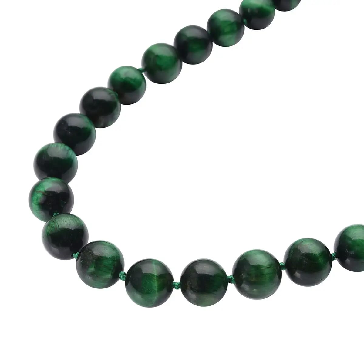 Green Tiger Eye 616.00 ctw Bead Necklace in Rhodium Plated Sterling Silver, Single Strand Beaded Necklace With Magnetic Clasp image number 4