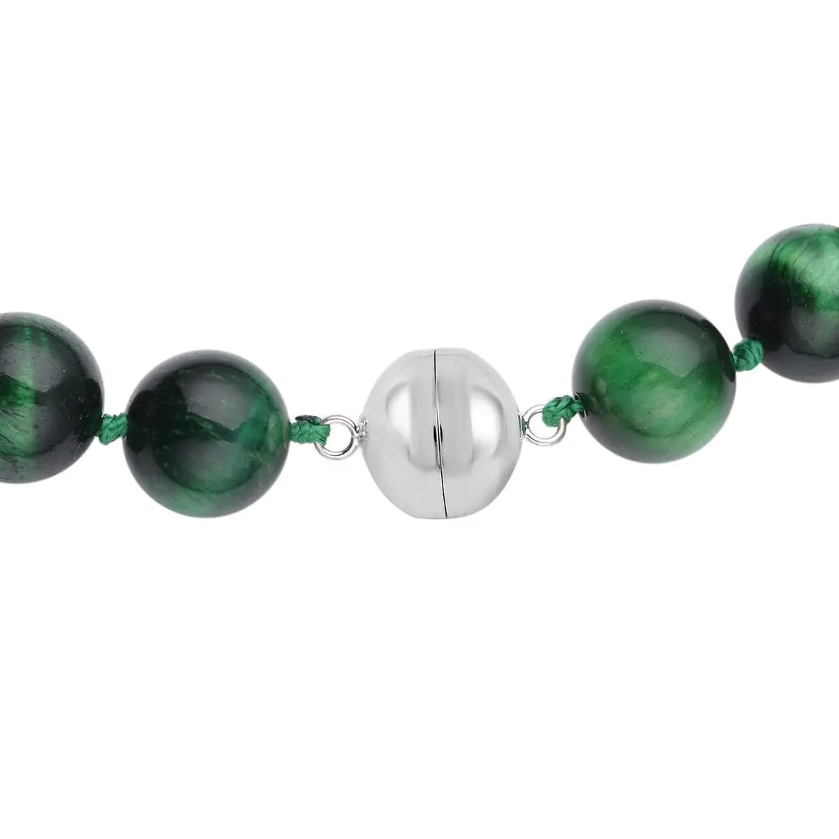 Green Tiger Eye 616.00 ctw Bead Necklace in Rhodium Plated Sterling Silver, Single Strand Beaded Necklace With Magnetic Clasp image number 6