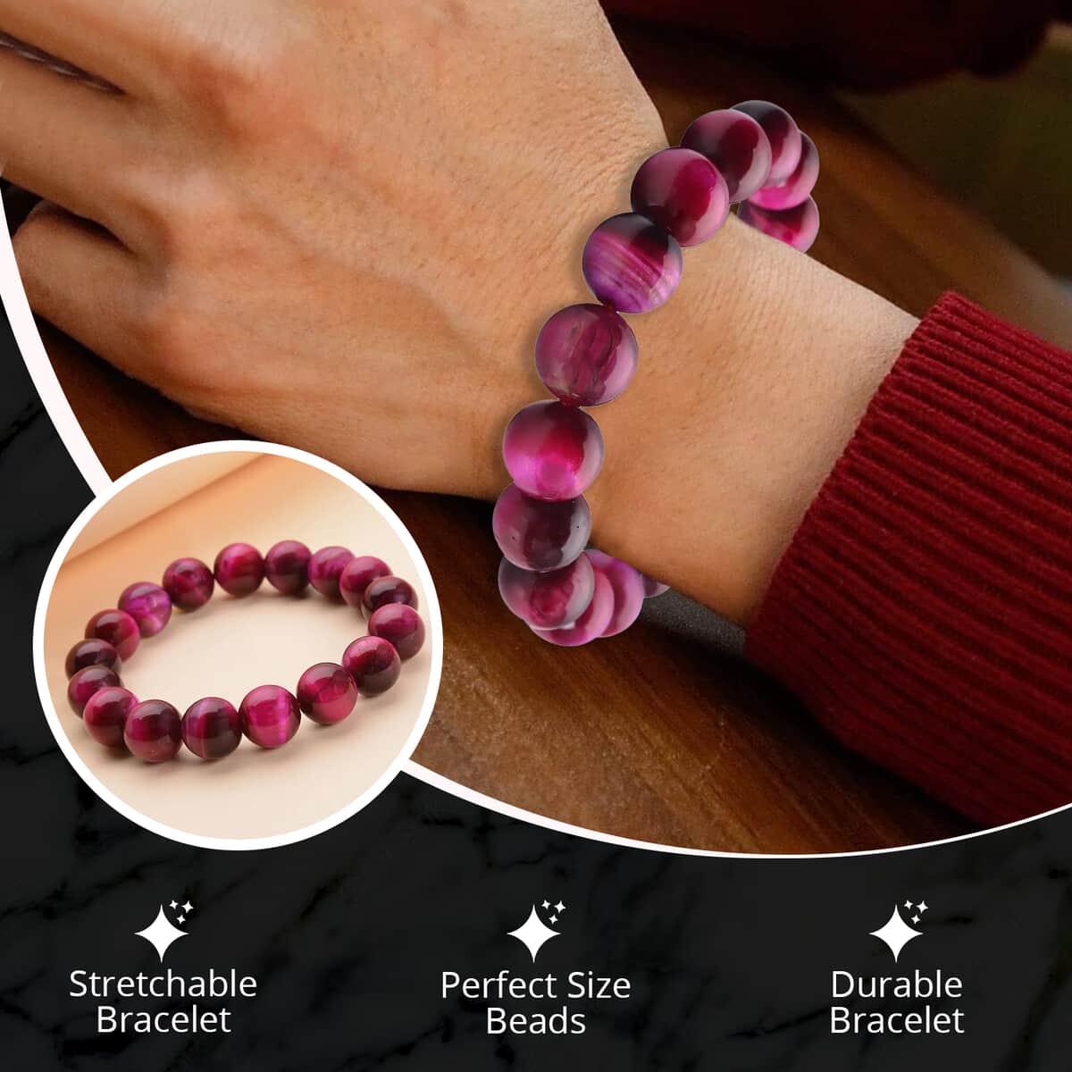 Fuchsia Tiger Eye Beaded Stretch Bracelet, Adjustable Beads Bracelet, Tiger Eye Bead Jewelry 214.00 ctw image number 3