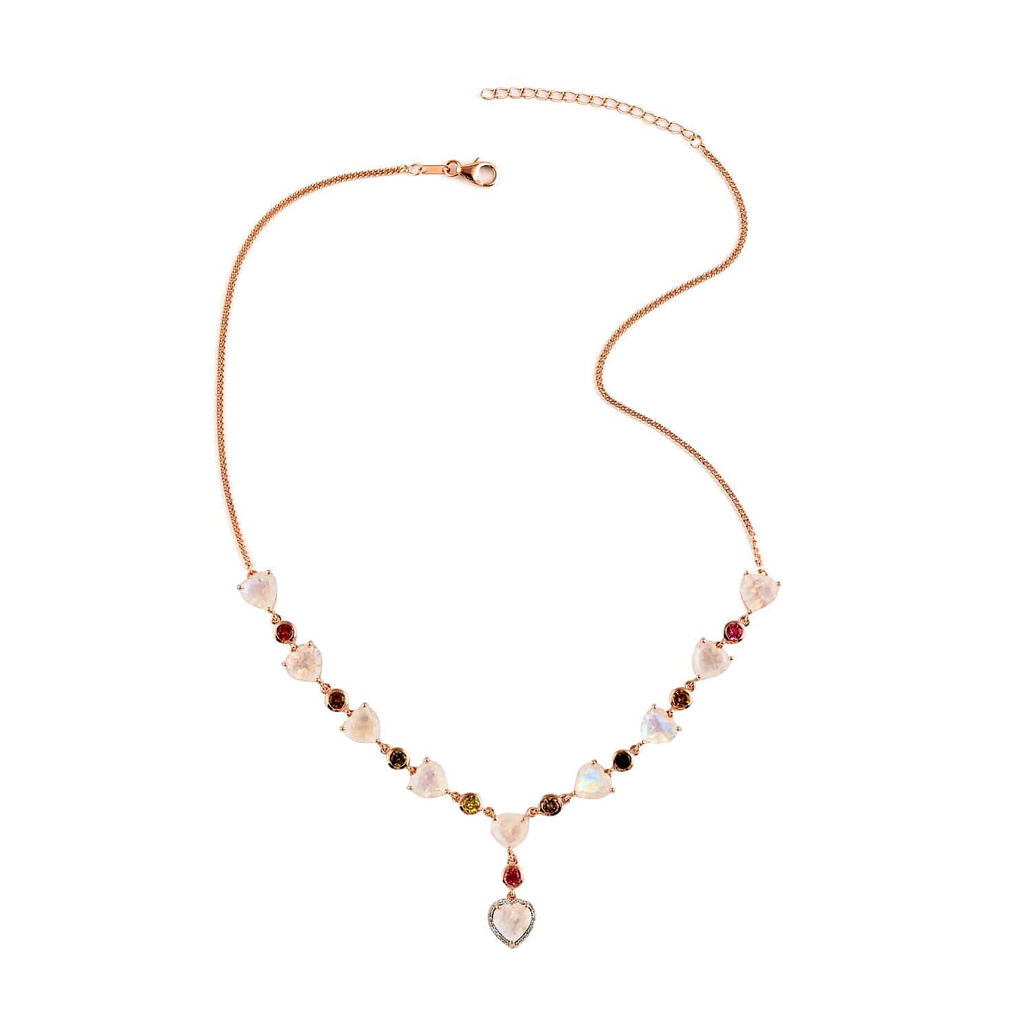 Premium Rainbow Moonstone and Multi-Tourmaline and White Zircon Heart Necklace 18 Inches in Vermeil Rose Gold Over Sterling Silver 27.65 ctw