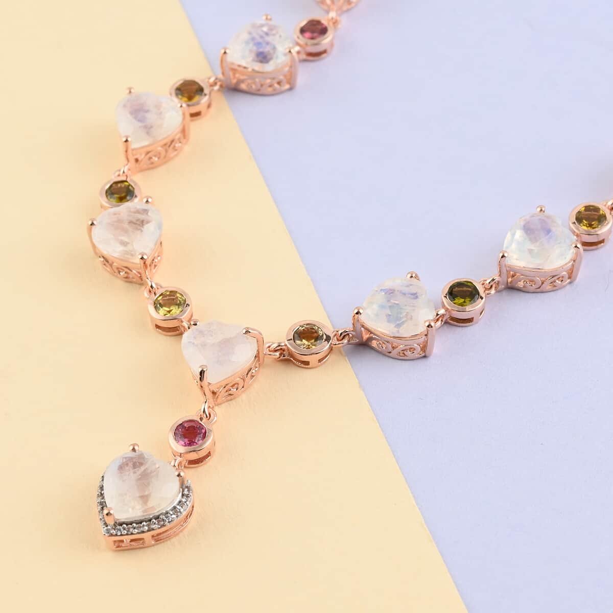 Premium Rainbow Moonstone and Multi-Tourmaline and White Zircon Heart Necklace 18 Inches in Vermeil Rose Gold Over Sterling Silver 27.65 ctw image number 1