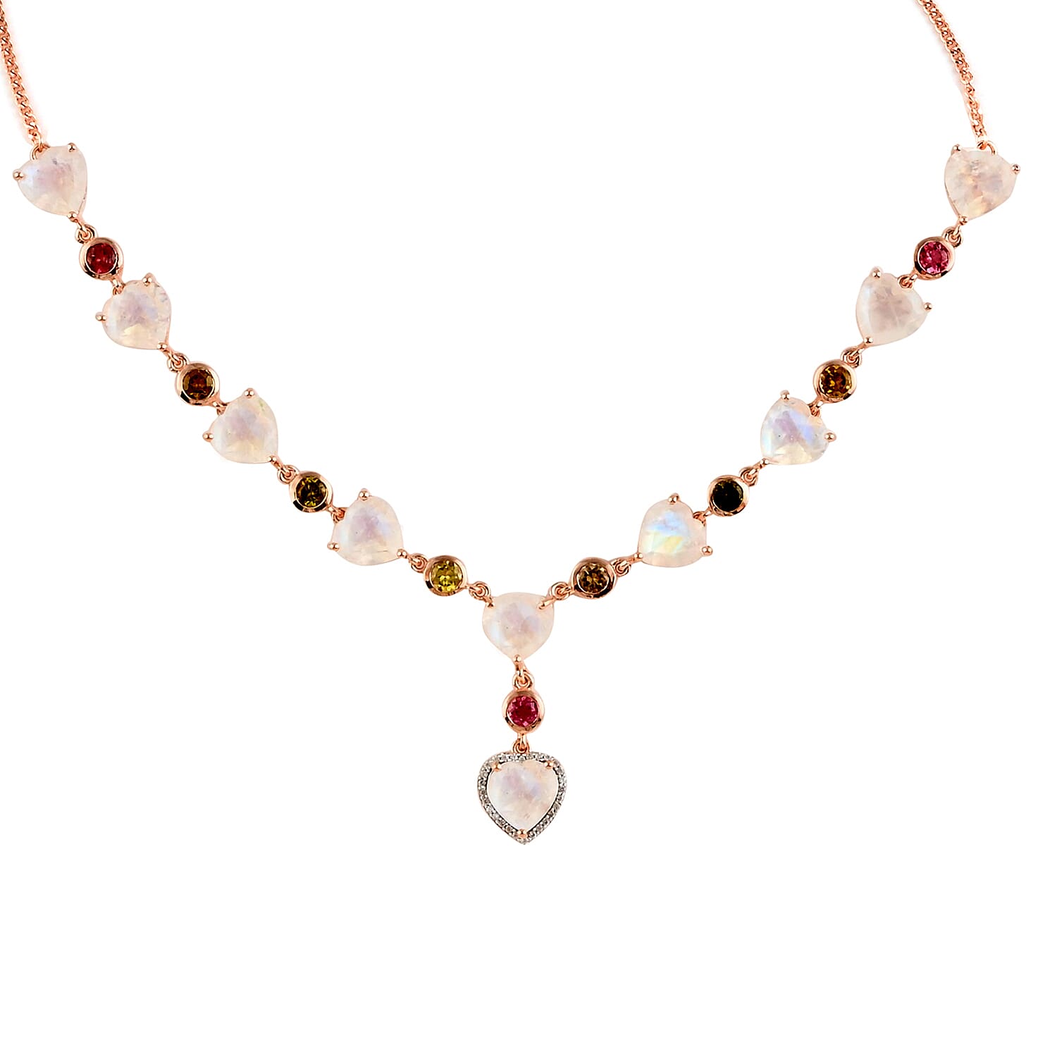 Premium Rainbow Moonstone and Multi-Tourmaline and White Zircon Heart Necklace 18 Inches in Vermeil Rose Gold Over Sterling Silver 27.65 ctw