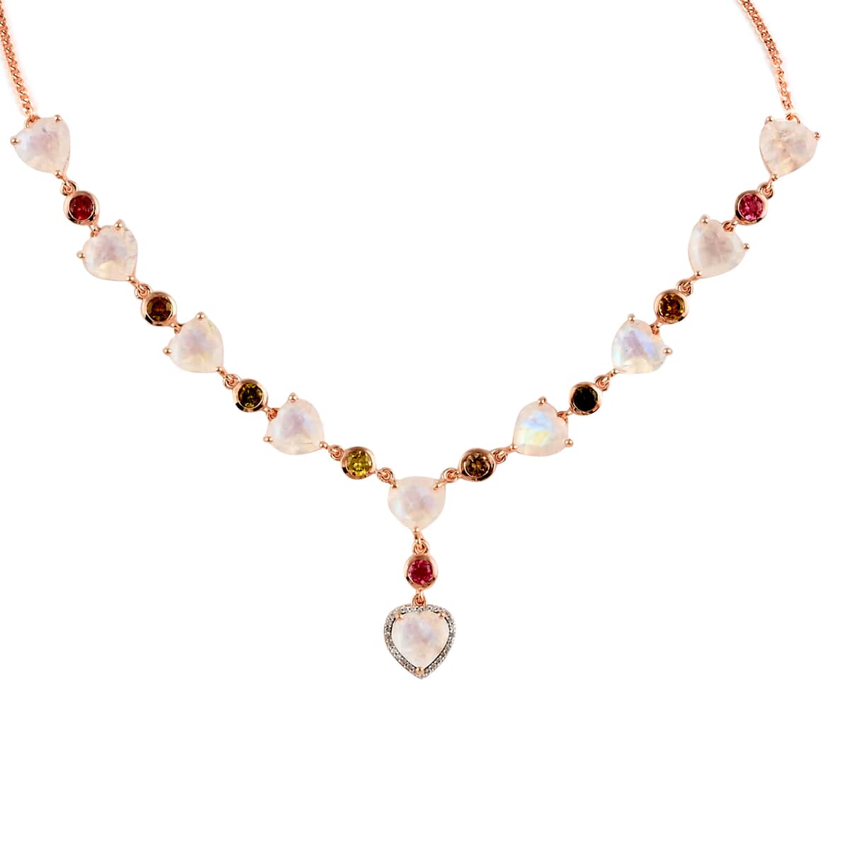 Premium Rainbow Moonstone and Multi-Tourmaline and White Zircon Heart Necklace 18 Inches in Vermeil Rose Gold Over Sterling Silver 27.65 ctw image number 2