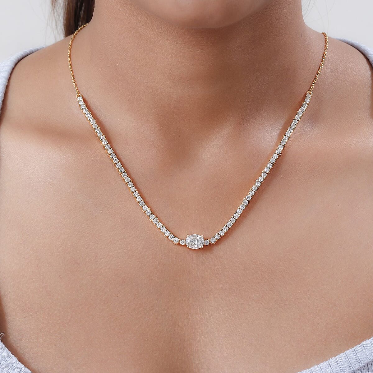 Moissanite Tennis Necklace 18 Inches in Vermeil Yellow Gold Over Sterling Silver 10.65 Grams 6.40 ctw image number 2
