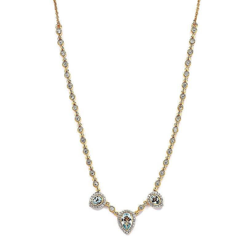 Mangoro Aquamarine and Natural White Zircon Tear Drop Necklace 18 Inches in Vermeil YG Over Sterling Silver 3.65 ctw