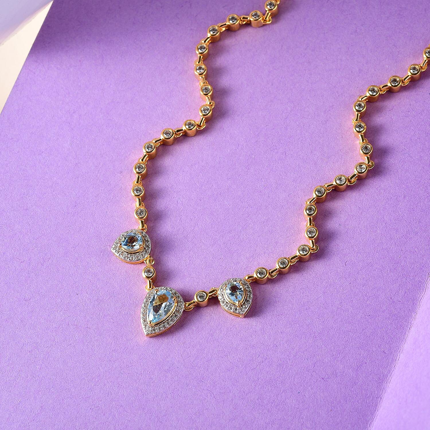 Mangoro Aquamarine and Natural White Zircon Tear Drop Necklace 18 Inches in Vermeil YG Over Sterling Silver 3.65 ctw