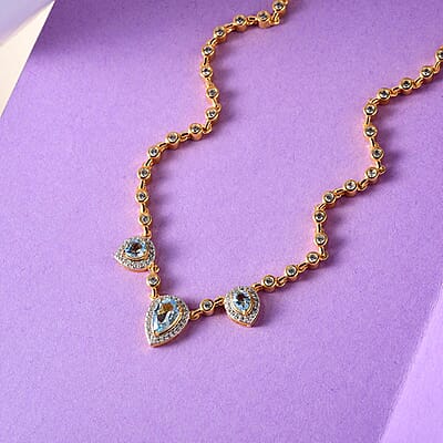 Mangoro Aquamarine and Natural White Zircon Tear Drop Necklace 18 Inches in Vermeil YG Over Sterling Silver 3.65 ctw