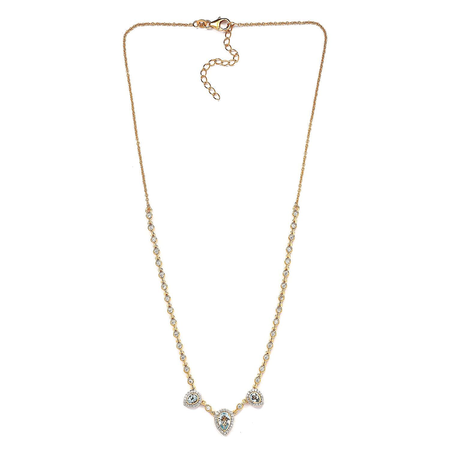 Mangoro Aquamarine and Natural White Zircon Tear Drop Necklace 18 Inches in Vermeil YG Over Sterling Silver 3.65 ctw