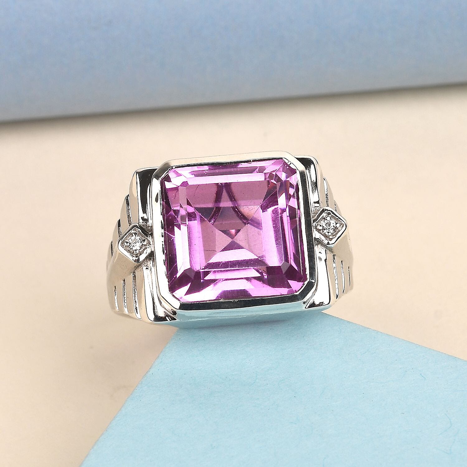 Patroke Quartz and Natural White Zircon Men's Ring in Platinum Over Sterling Silver (Size 9.0) 10.75 Grams 14.75 ctw