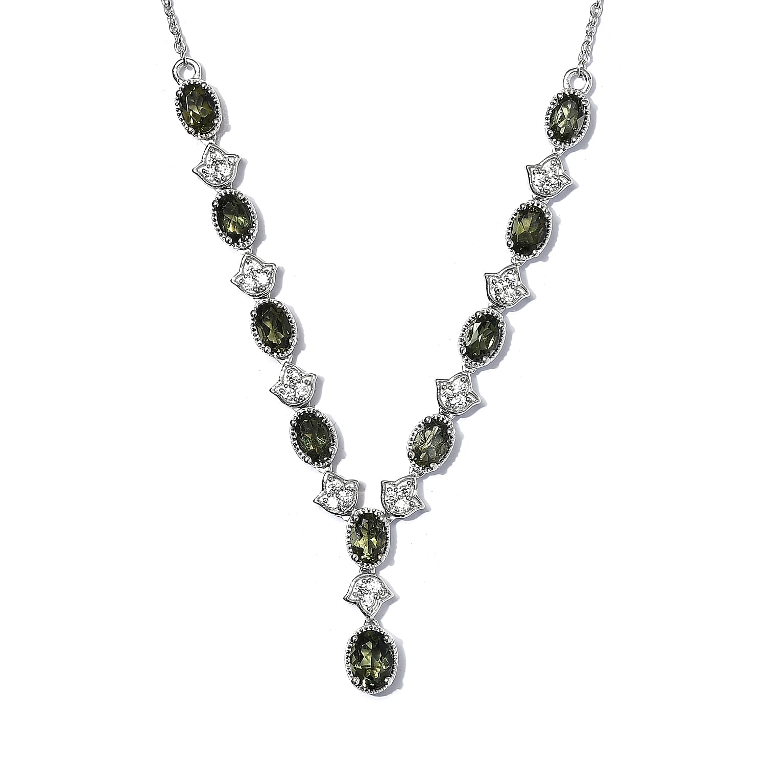 AAA Bohemian Moldavite and White Zircon Necklace 18 Inches in Platinum Over Sterling Silver 4.40 ctw