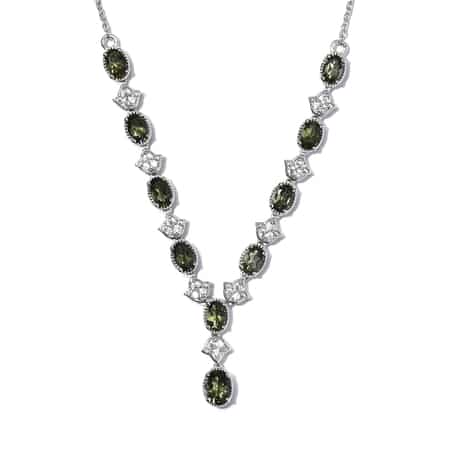 AAA Bohemian Moldavite and White Zircon Necklace 18 Inches in Platinum Over Sterling Silver 4.40 ctw image number 0