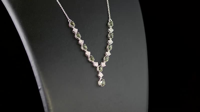 AAA Bohemian Moldavite and White Zircon Necklace 18 Inches in Platinum Over Sterling Silver 4.40 ctw