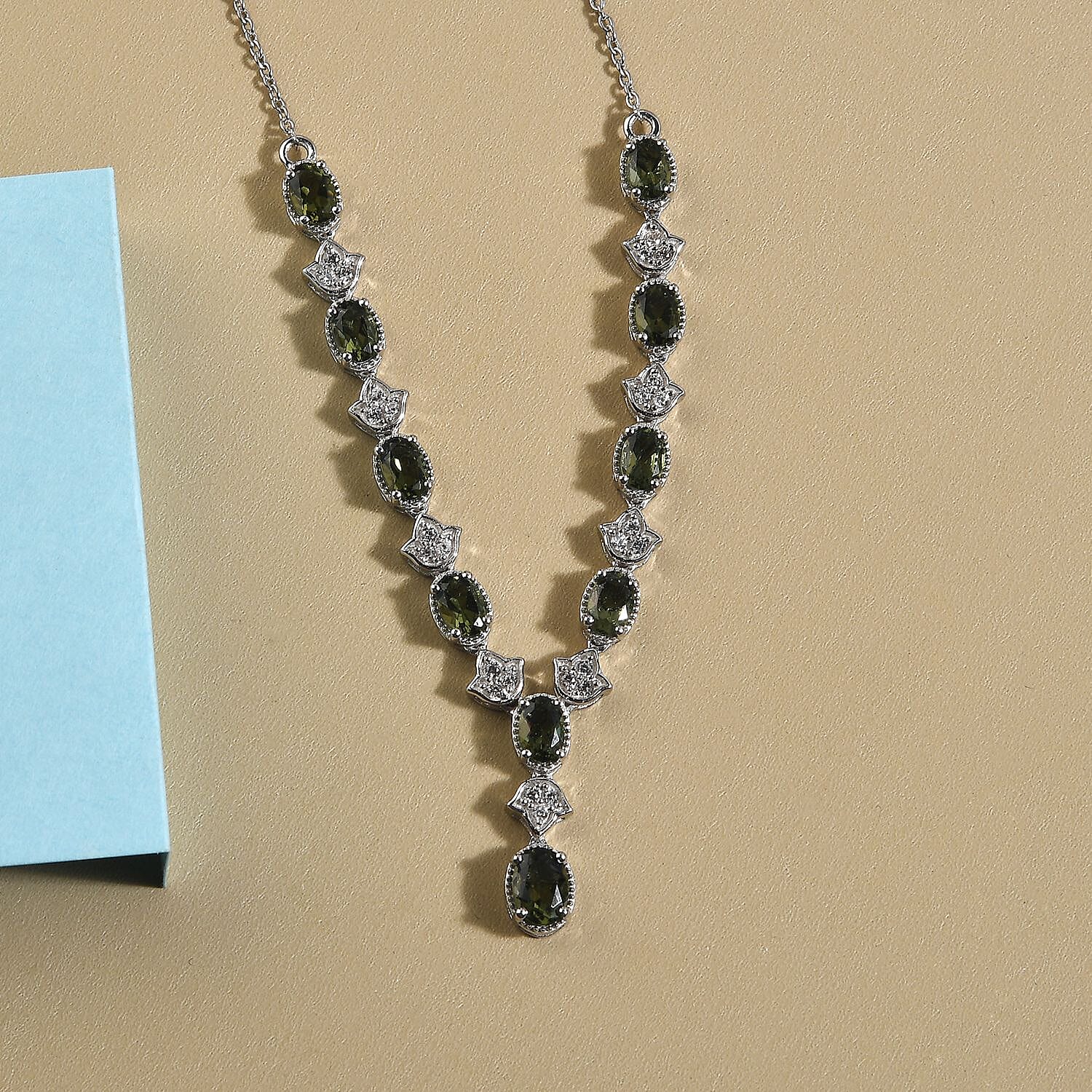 AAA Bohemian Moldavite and White Zircon Necklace 18 Inches in Platinum Over Sterling Silver 4.40 ctw