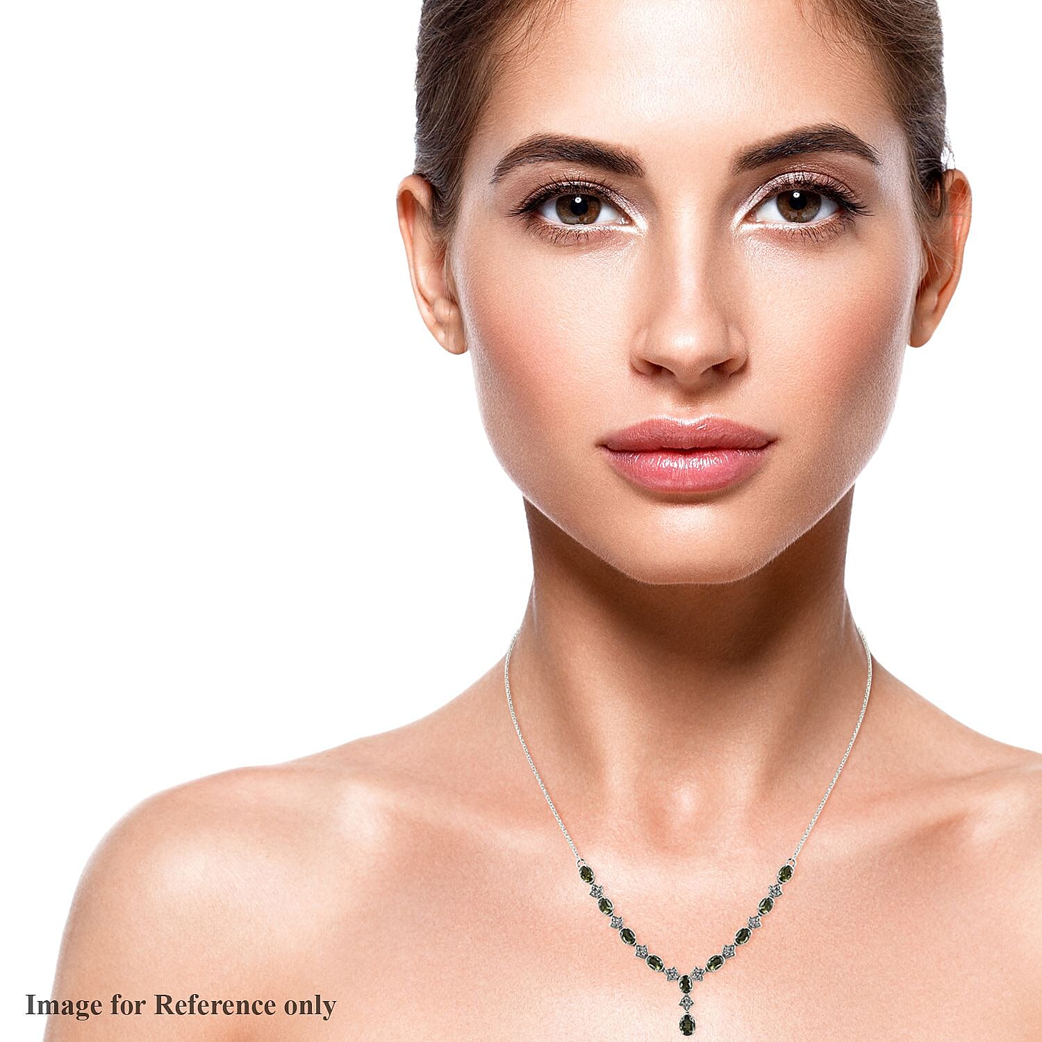 AAA Bohemian Moldavite and White Zircon Necklace 18 Inches in Platinum Over Sterling Silver 4.40 ctw