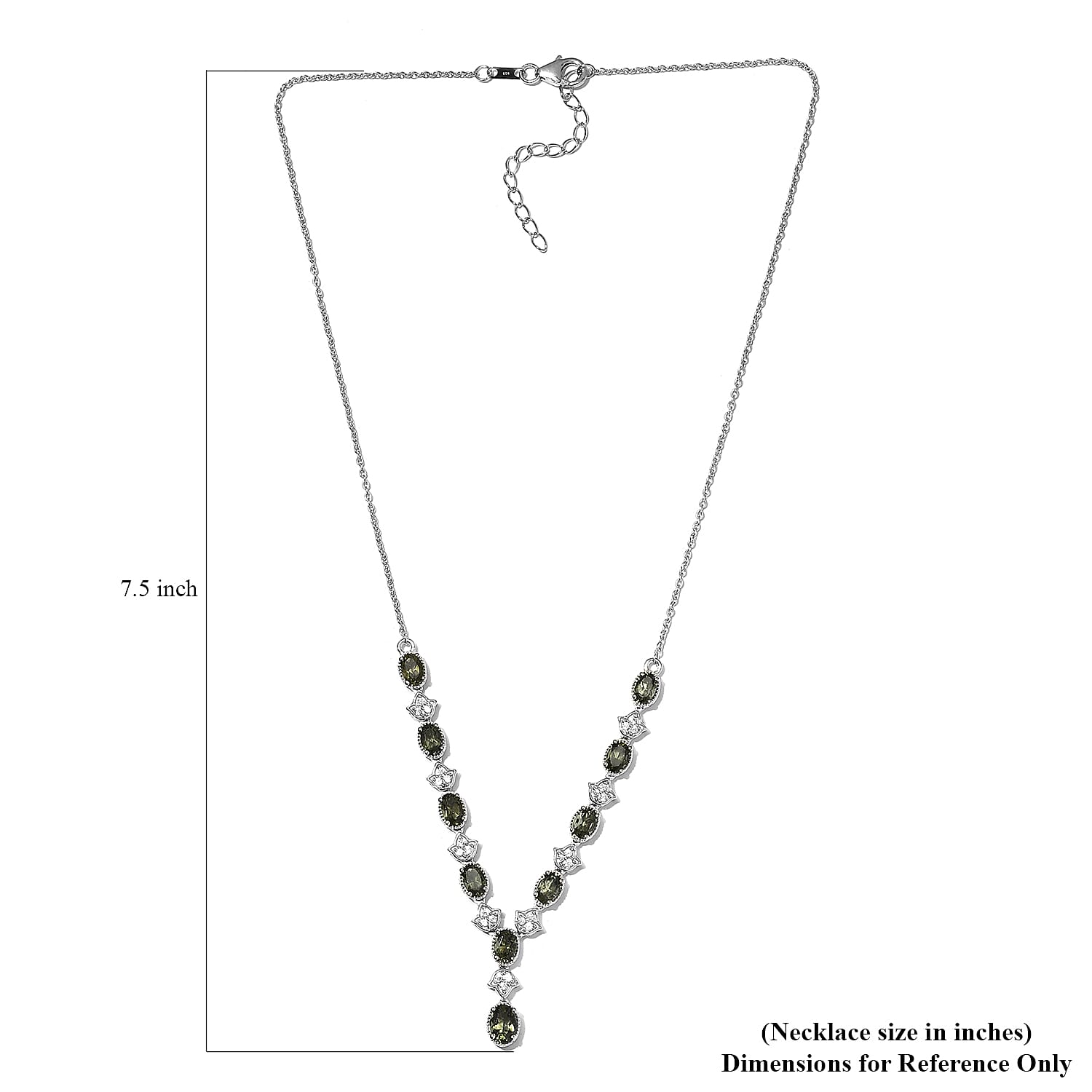AAA Bohemian Moldavite and White Zircon Necklace 18 Inches in Platinum Over Sterling Silver 4.40 ctw