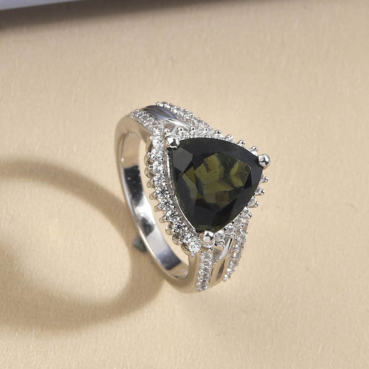 AAA Bohemian Moldavite and White Zircon Ring in Platinum Over Sterling Silver (Size 7.0) 3.50 ctw image number 1