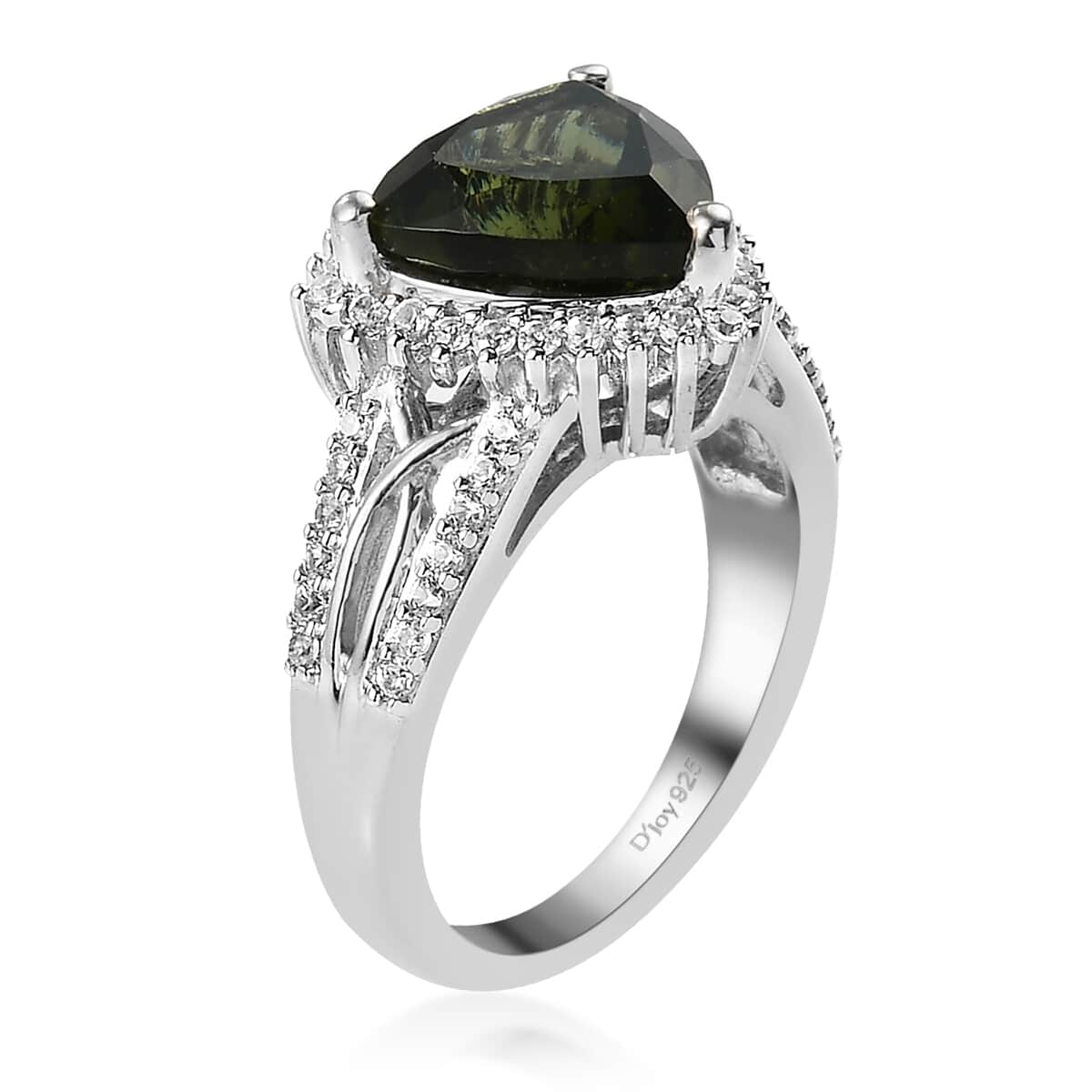 AAA Bohemian Moldavite and White Zircon Ring in Platinum Over Sterling Silver (Size 7.0) 3.50 ctw image number 3