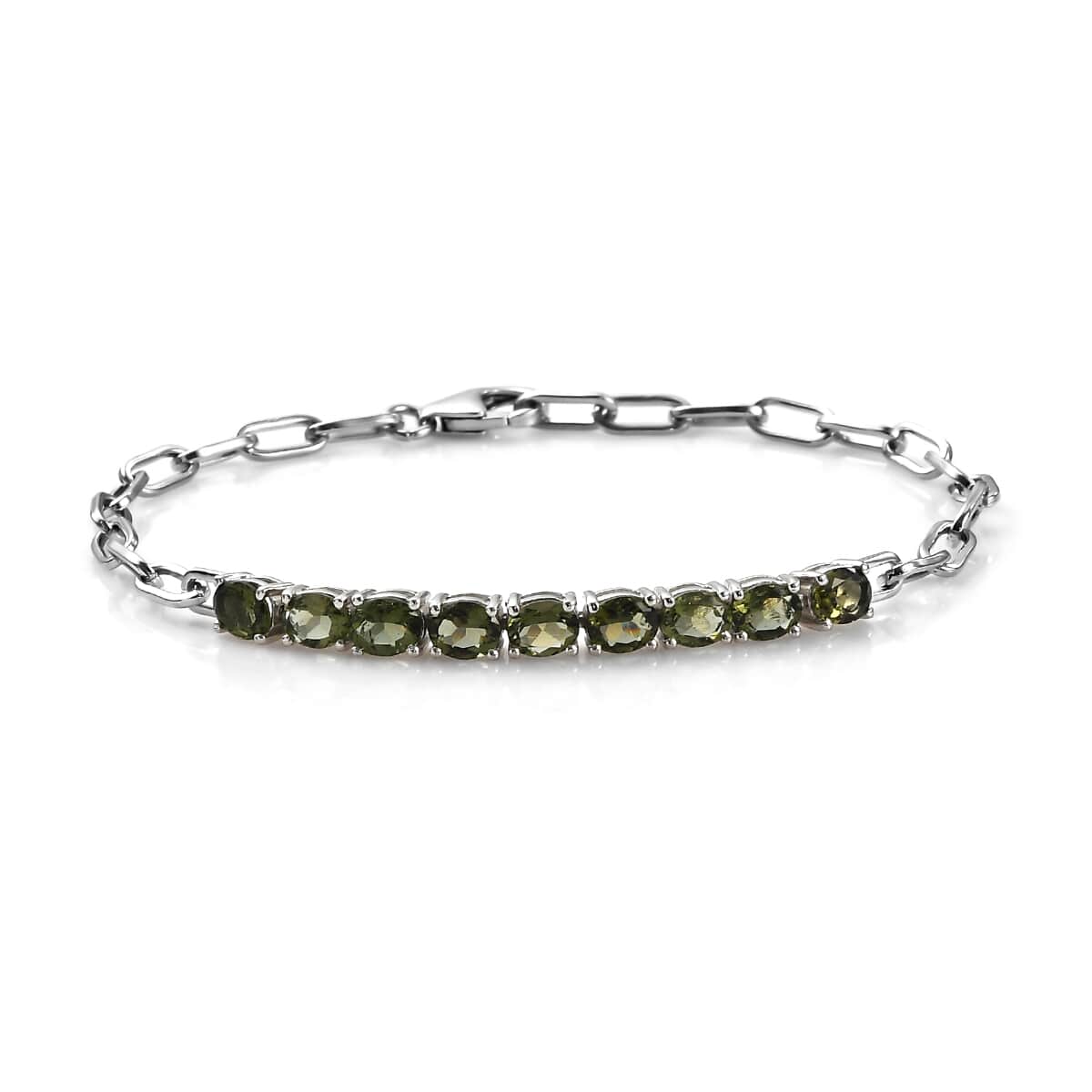 AAA Bohemian Moldavite Paper Clip Chain Bracelet in Platinum Over Sterling Silver (7.25 In) 2.60 ctw image number 0