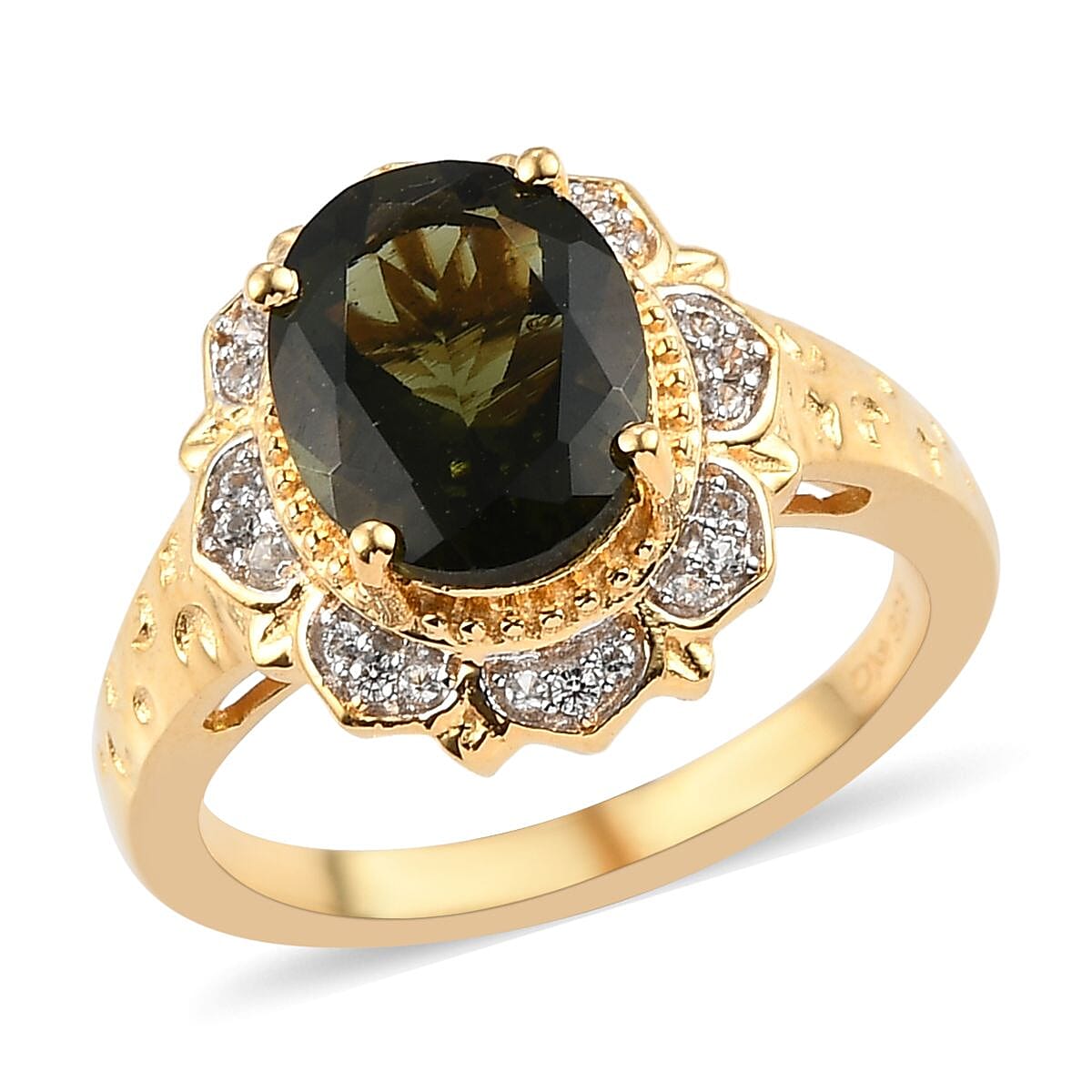 AAA Bohemian Moldavite and Natural White Zircon Floral Ring in Vermeil Yellow Gold Over Sterling Silver (Size 10.0) 2.25 ctw