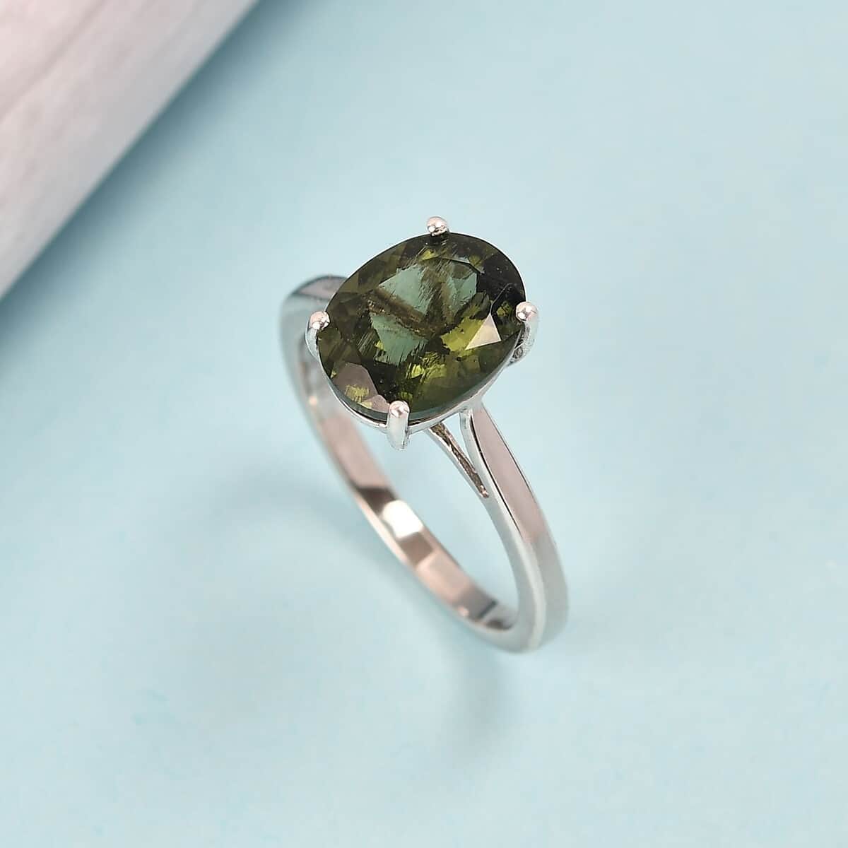 AAA Bohemian Moldavite Solitaire Ring in Platinum Over Sterling Silver (Size 10.0) 2.15 ctw image number 1