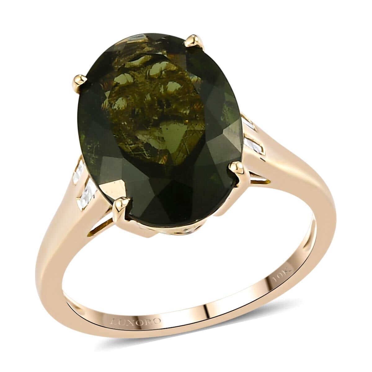 LUXORO 10K Yellow Gold AAA Bohemian Moldavite and Diamond Ring 2.35 Grams 5.00 ctw image number 0