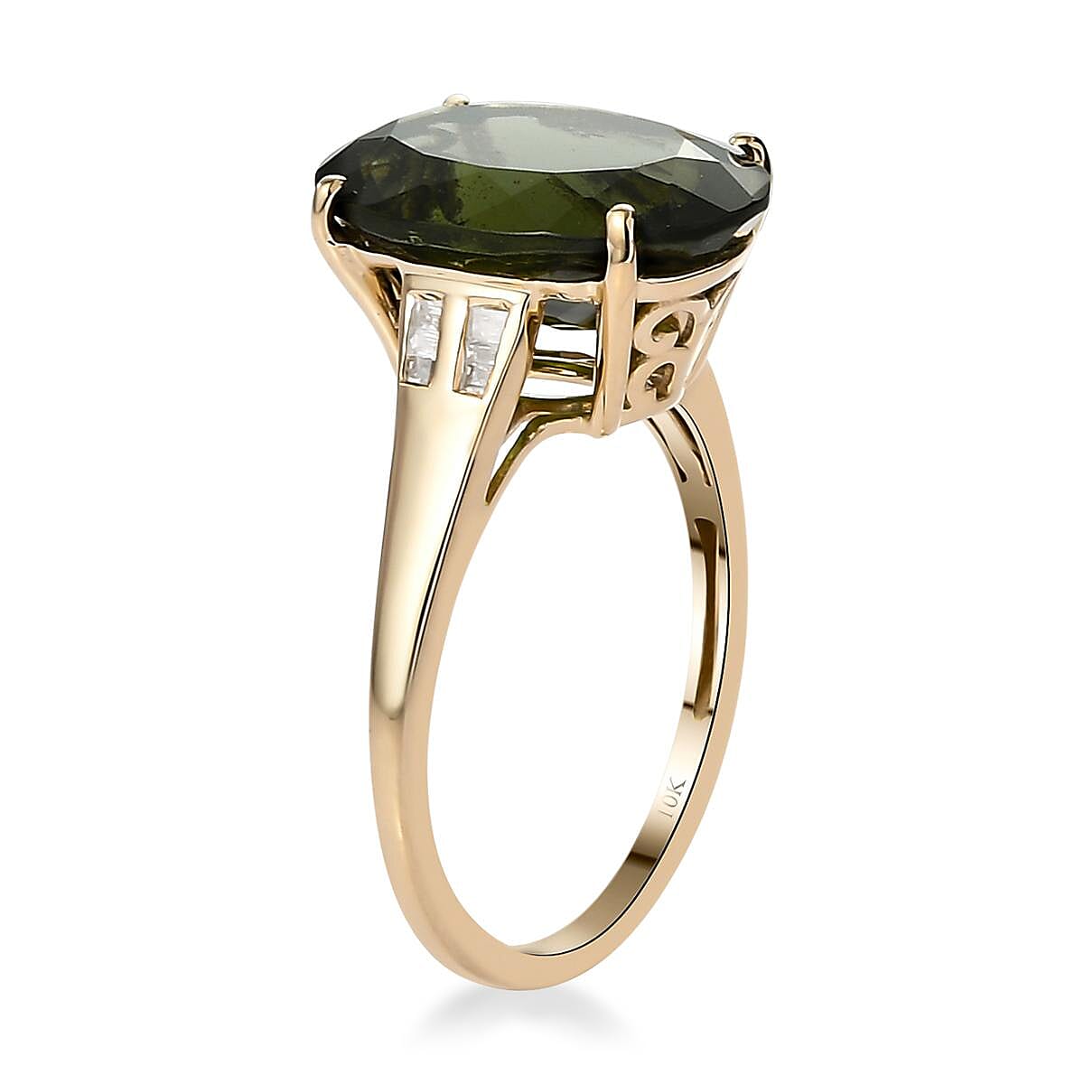 Luxoro 10K Yellow Gold AAA Bohemian Moldavite and Diamond Ring (Size 9.0) 5.00 ctw image number 3
