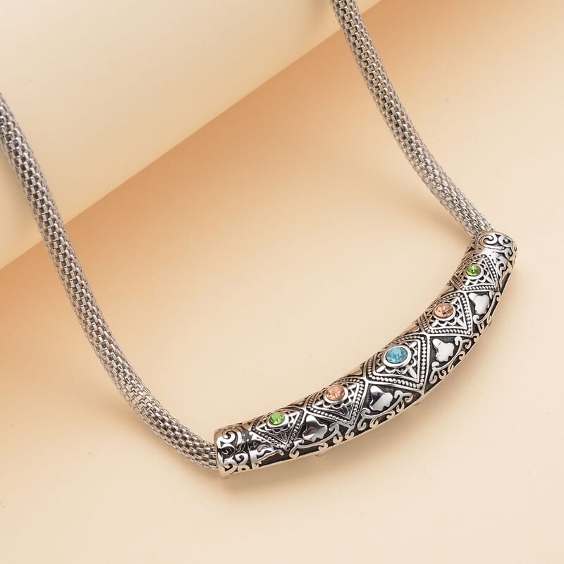Multi Color Austrian Crystal Mesh Chain Necklace (20 Inches) in Black Oxidized & Stainless Steel , Tarnish-Free, Waterproof, Sweat Proof Jewelry