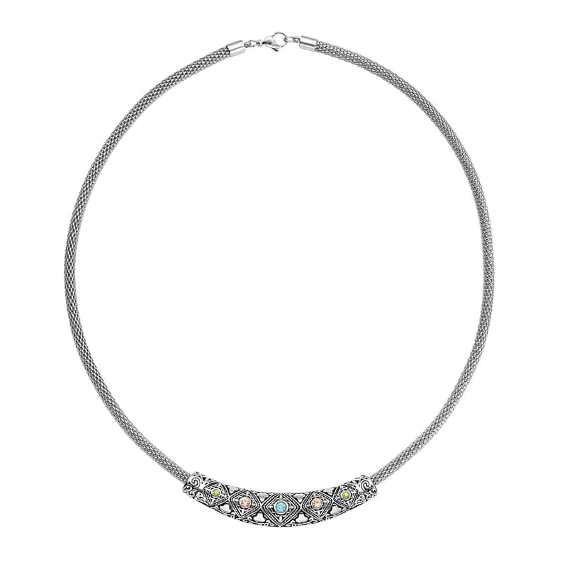 Multi Color Austrian Crystal Mesh Chain Necklace (20 Inches) in Black Oxidized & Stainless Steel , Tarnish-Free, Waterproof, Sweat Proof Jewelry