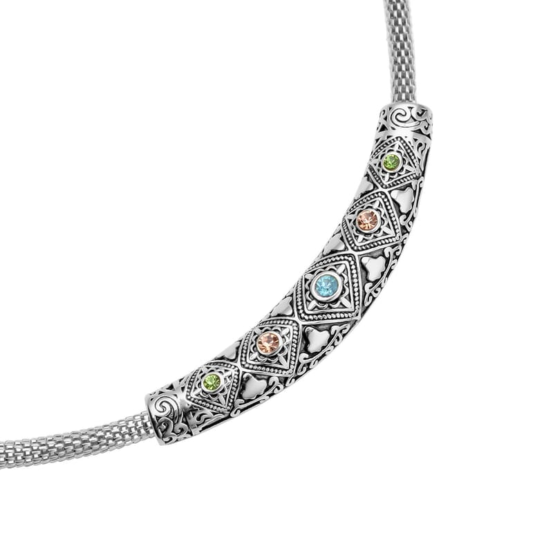 Multi Color Austrian Crystal Mesh Chain Necklace (20 Inches) in Black Oxidized & Stainless Steel , Tarnish-Free, Waterproof, Sweat Proof Jewelry