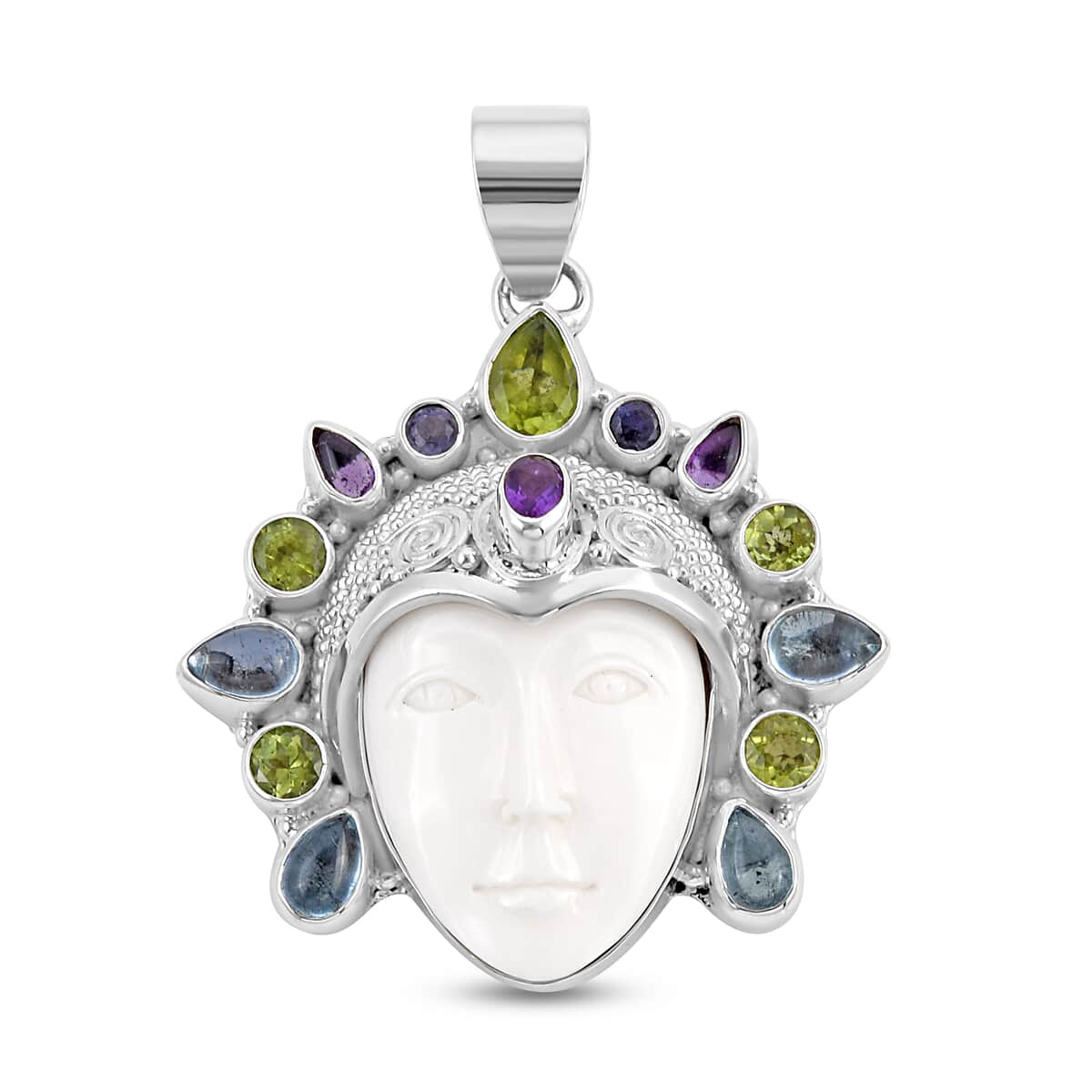 Sajen Silver Carved Bone and Multi Gemstone Pendant in Sterling Silver 5.75 ctw image number 0